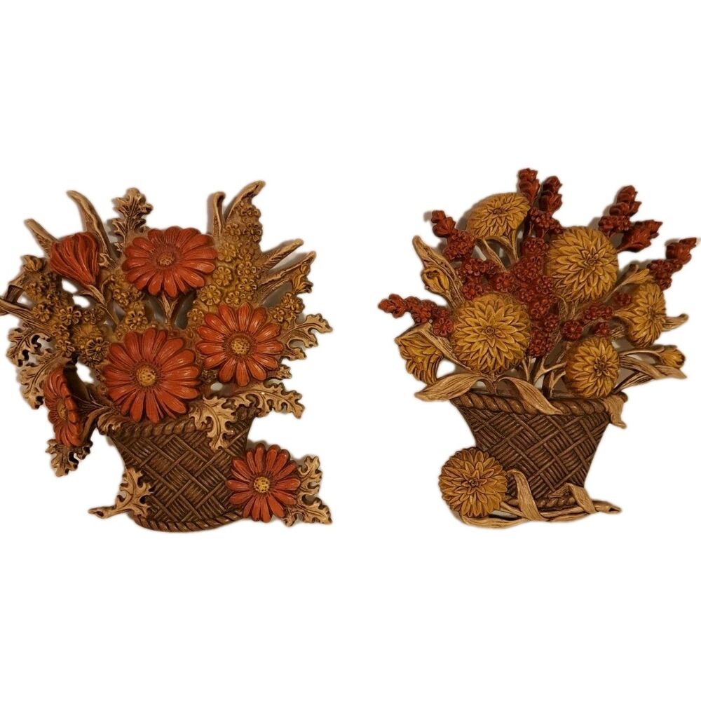 Vintage Pair Burwood Homeco Molded  Fall Wall Hangings Autumn Flower Basket MCM